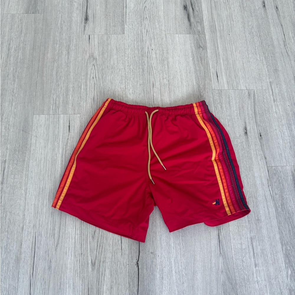 Aviator Nation Red Hybrid Shorts with Multicolor Stripes